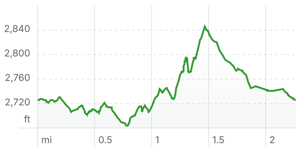 From left to right, the elevation profile flows counterclockwise around the Dam Loop. Hike reaches a max elevation of 2,800 ft and climbs and descends over 200 ft.