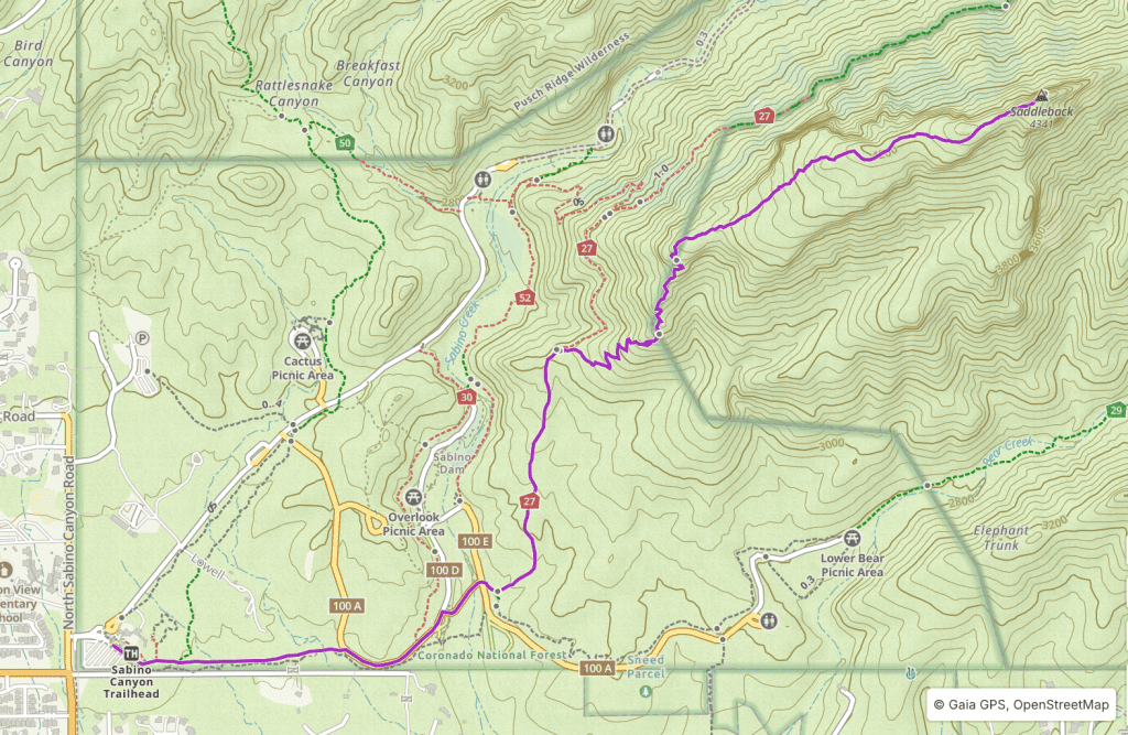 Topographic map of Sabino Canyon Recreation Area, featuring the Blackett's Ridge hike in purple. This hike starts and ends at the Visitor Center and utilizing the Bear Canyon Trail, Bear Canyon Roadway, Phoneline Trail and Blackett's Ridge Trail. 