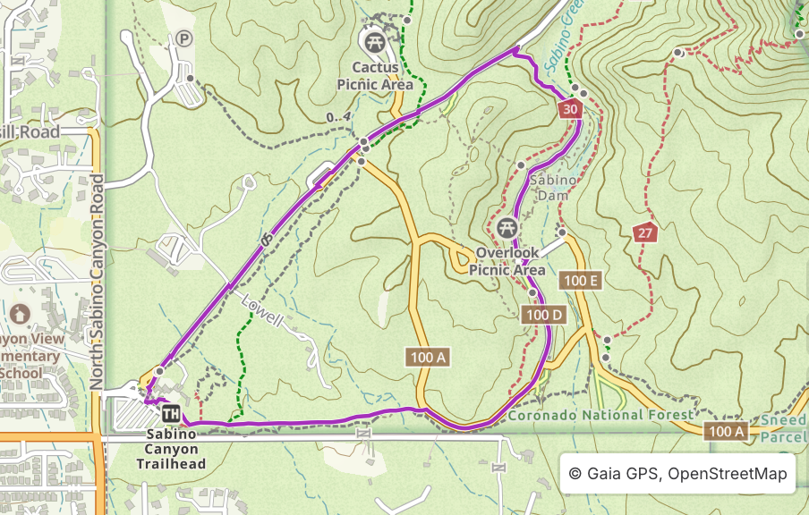 Topographic map of Sabino Canyon Recreation Area, featuring the Dam Loop in purple. This hike starts and ends at the Visitor Center and follows the loop counterclockwise using Bear Canyon Trail, Bear Canyon Roadway, Bluff Trail and Sabino Canyon Roadway.