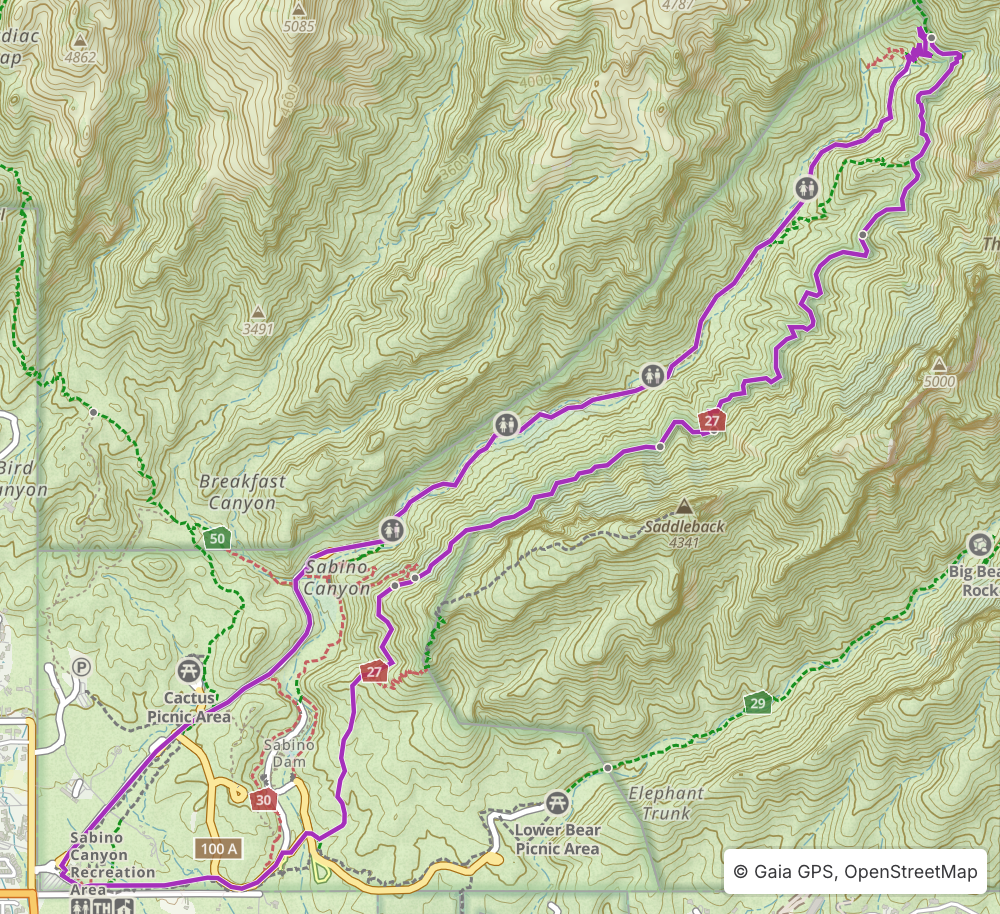 Topographic map of Sabino Canyon Recreation Area, featuring the Phoneline Loop in purple. This hike starts and ends at the Visitor Center and contours southeast above the canyon and then returns via Sabino Canyon Roadway.