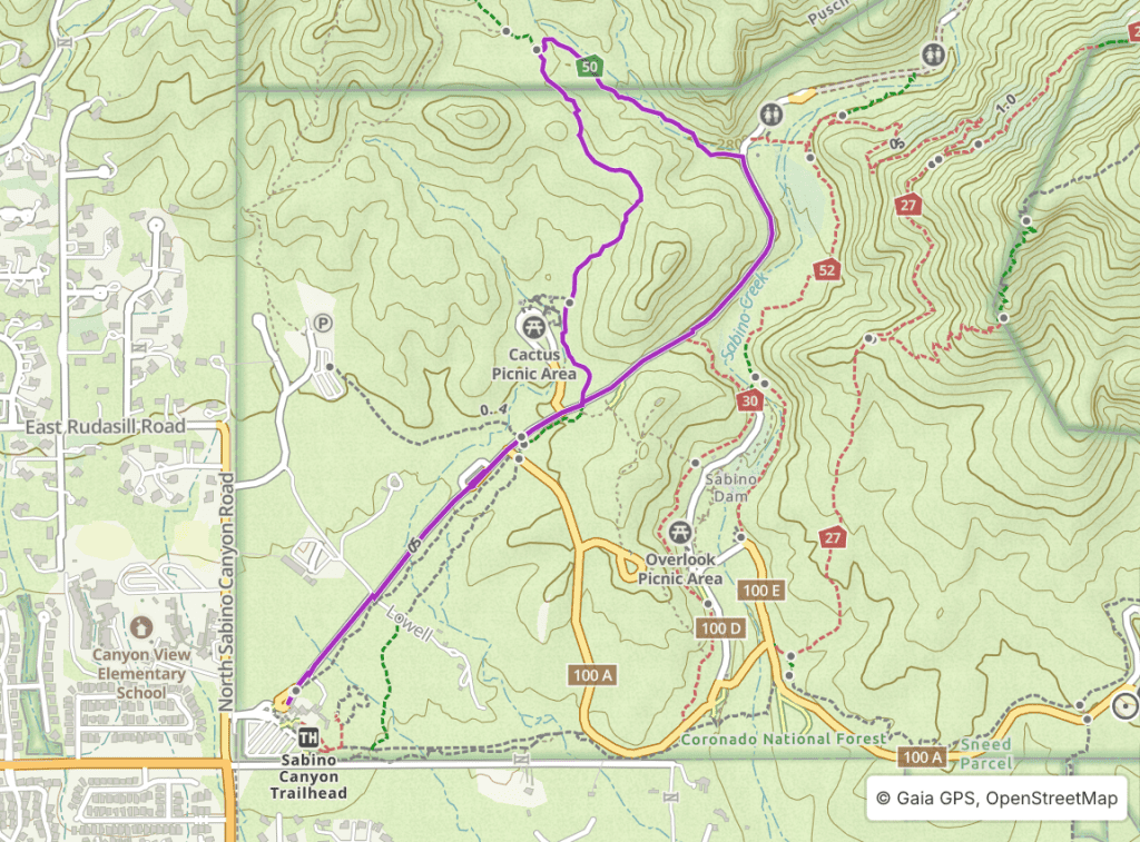 Topographic map of Sabino Canyon Recreation Area, featuring the Rattlesnake Lollipop in purple. This hike starts and ends at the Visitor Center, utilizing Sabino Canyon Roadway for the majority of the hike and creating a loop with both the Rattlesnake and Esperero Trails.